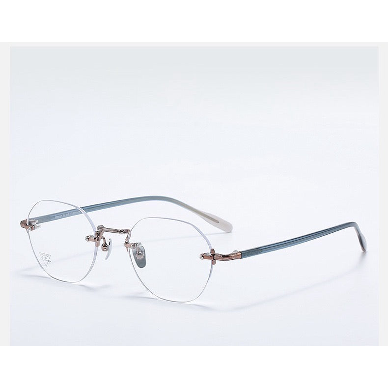 Antique Bronze/Blue Grey Women's Titanium-Acetate Rimless Soft-Square Glasses, 45-degree product view