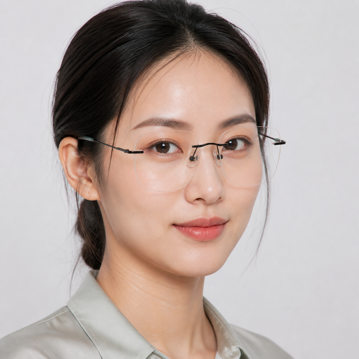 Unisex Pure Titanium Rimless Deep-Square Glasses, worn by an adult model, front fit