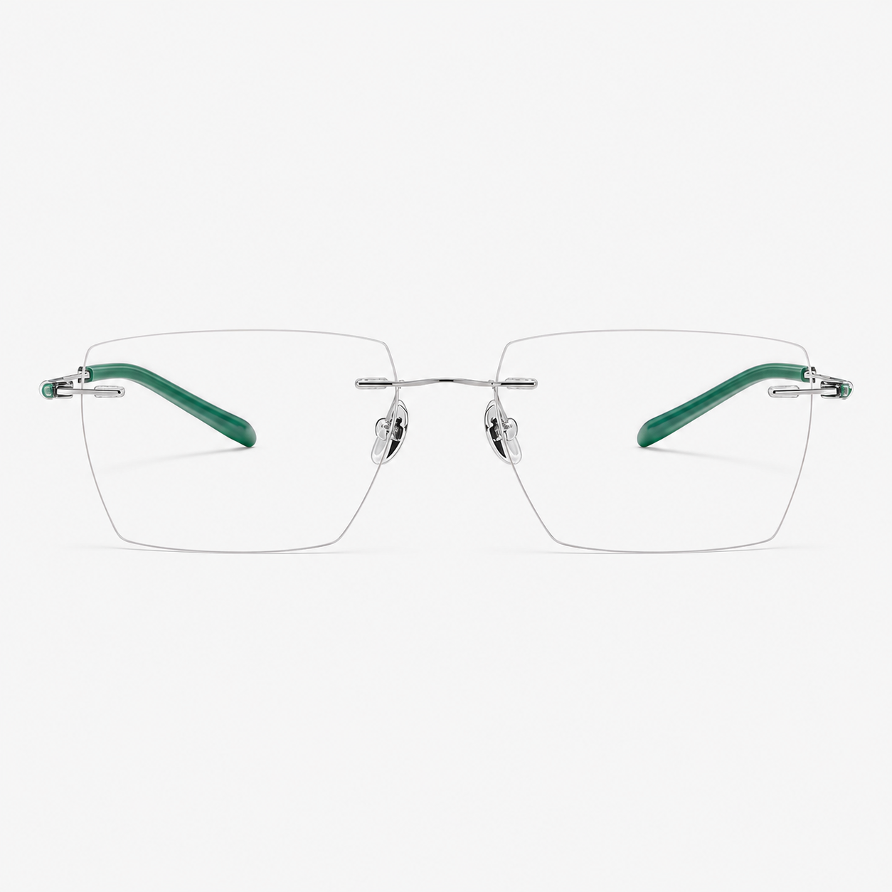 Green/Silver unisex titanium alloy rimless large geometric rectangular glasses, front product view