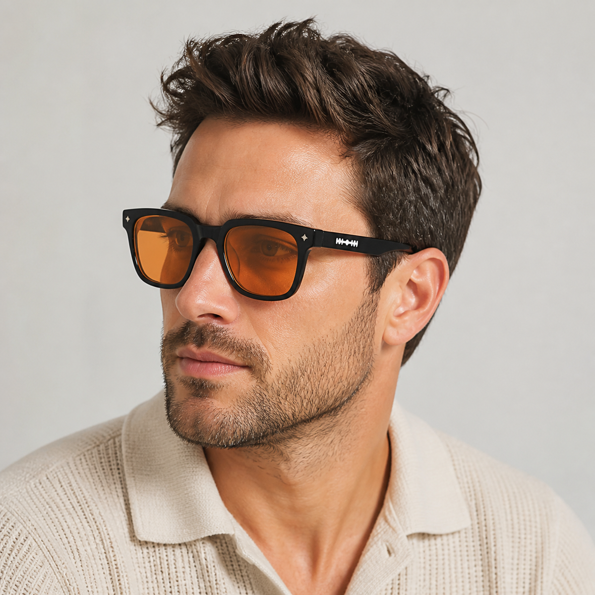 Men’s Amber Brown sunglasses worn by an adult White man