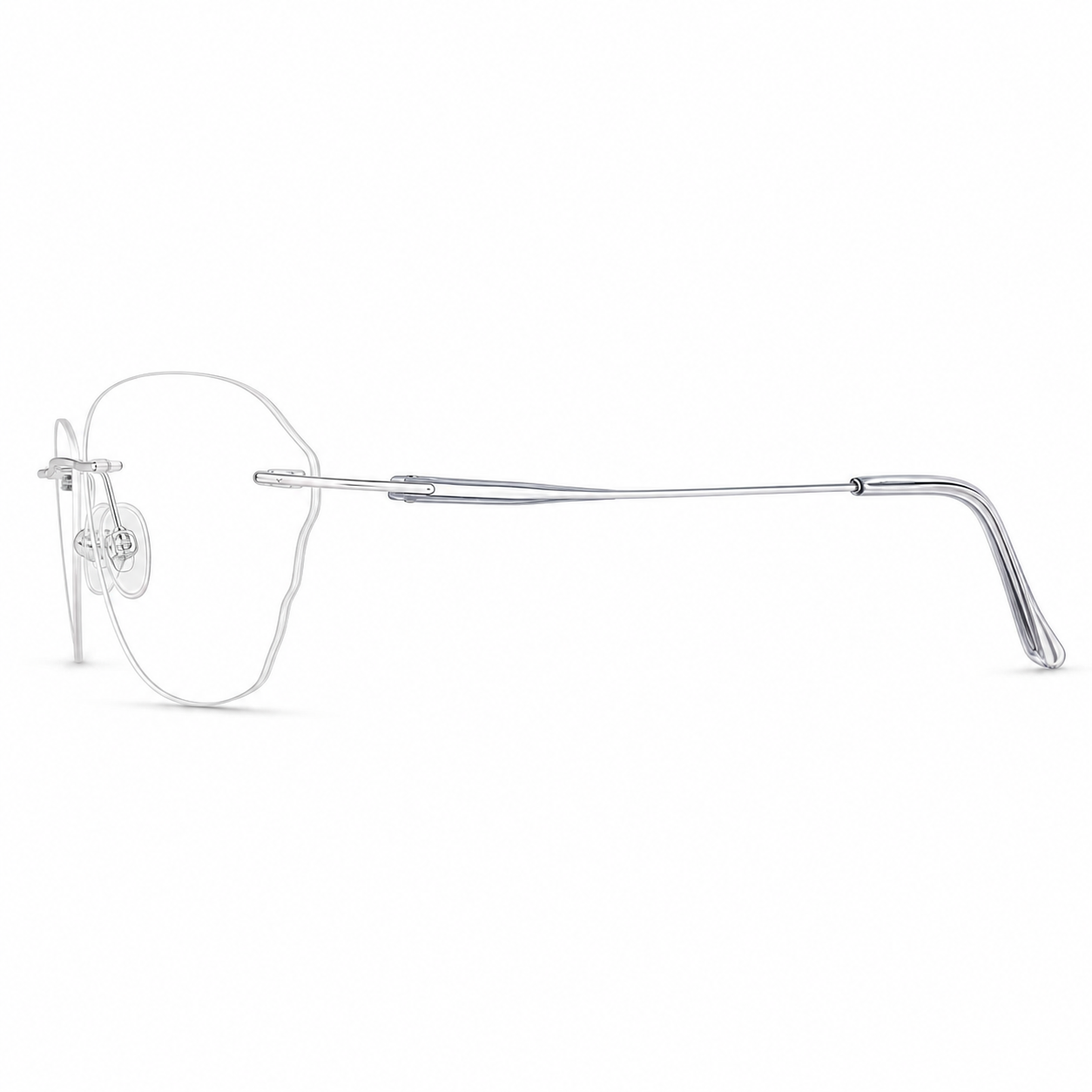 Blue/Silver Women's Wide Oval Pure Titanium Rimless Glasses, side temple view