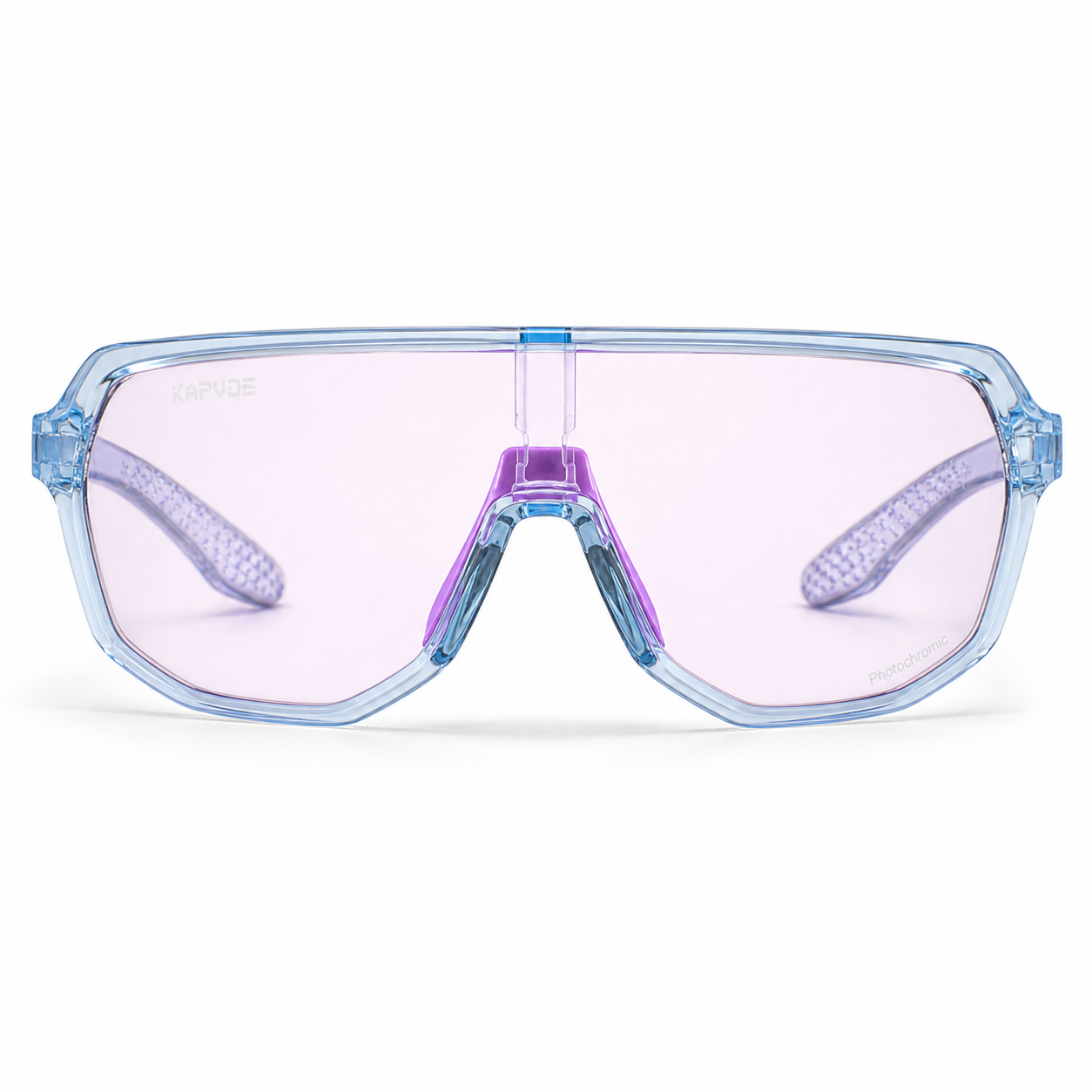 Crystal Blue Frame/Photochromic Purple Lens Unisex TR Photochromic Full-Rim Cycling Sunglasses, clean front product view