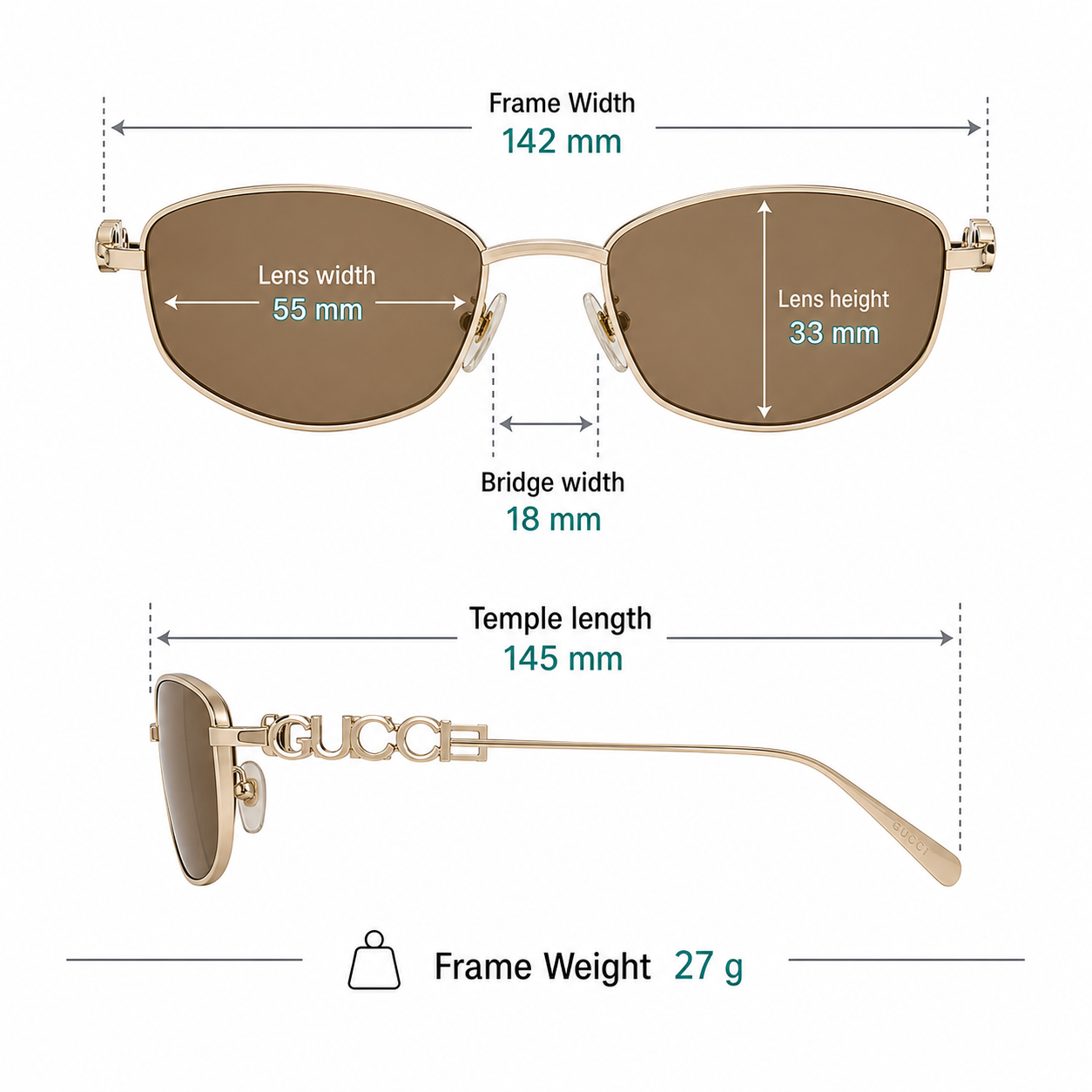 Gold Gucci GG1802S Unisex Irregular Metal GG Logo Sunglasses measurement size guide