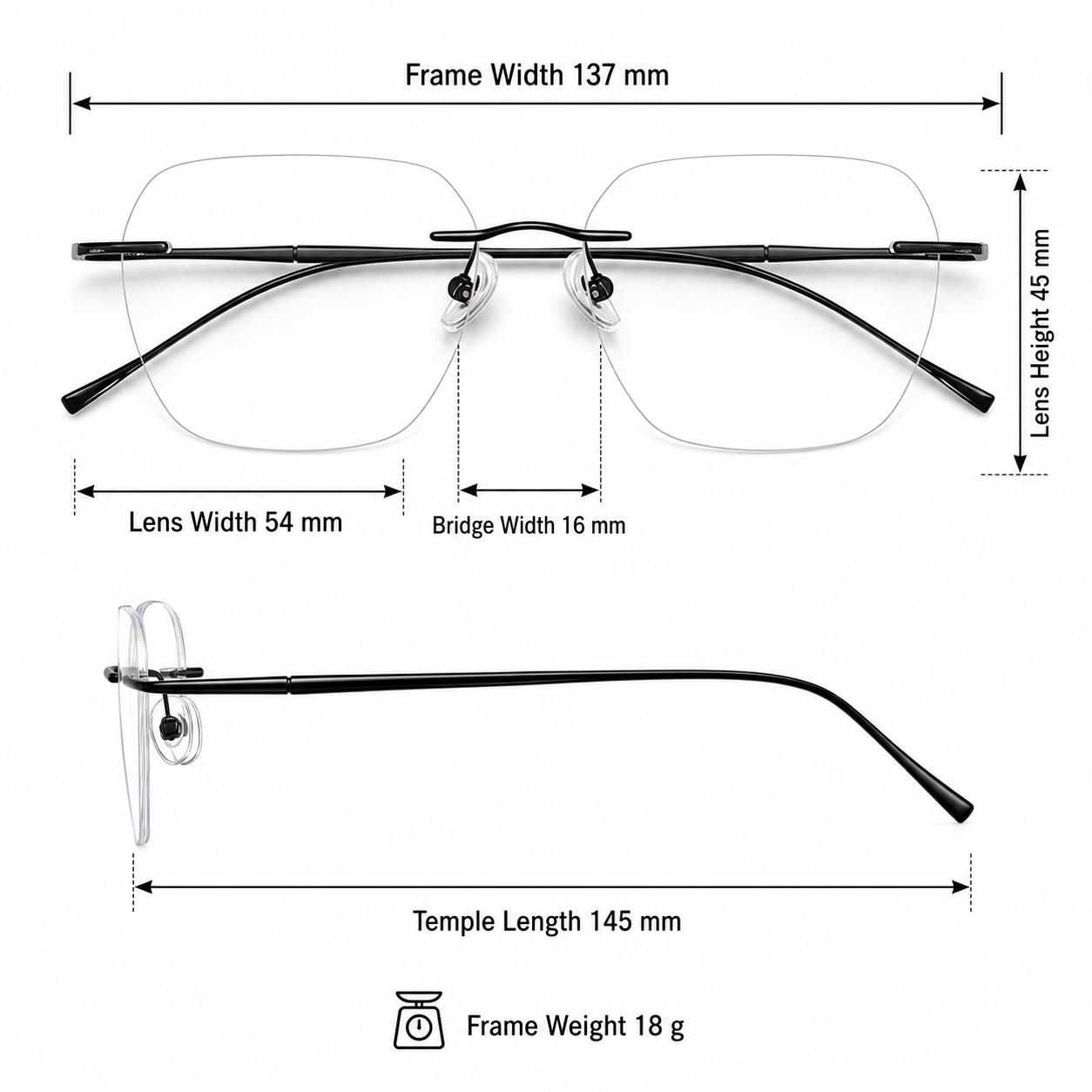 Black Intellectual Professional Rimless Glasses measurement size guide