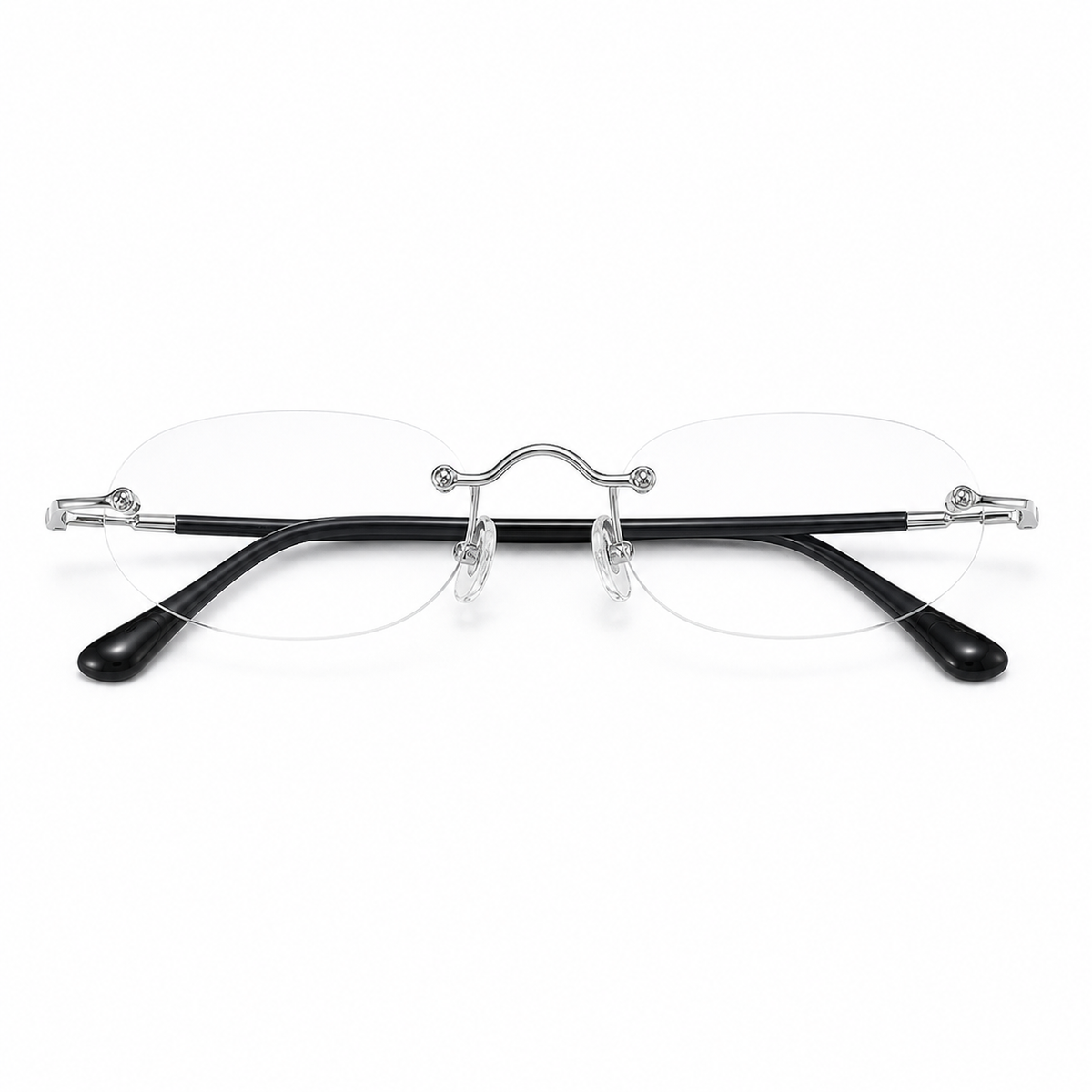 Black/Silver Unisex Rectangular Titanium Rimless Glasses, clean front view