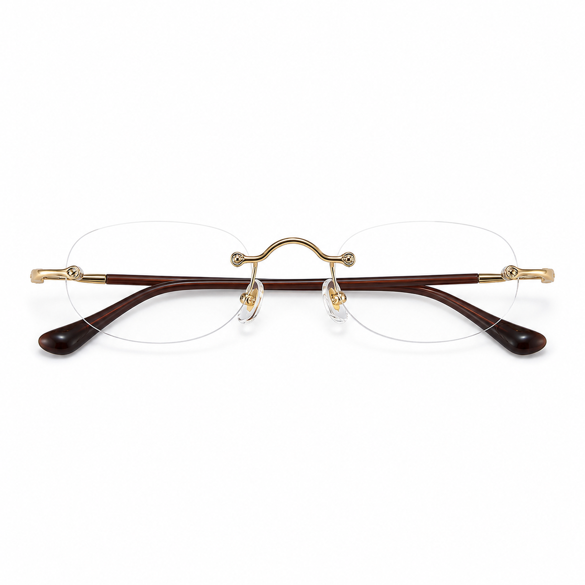 Gold/Brown Unisex Rectangular Titanium Rimless Glasses, clean front view