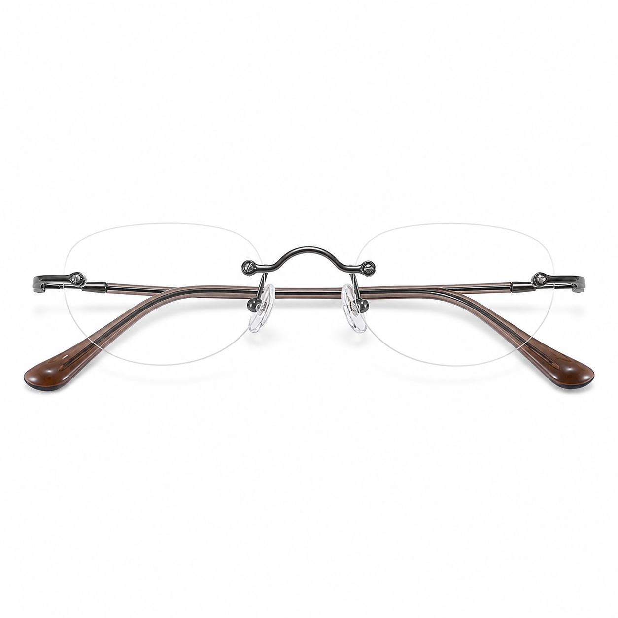 Gunmetal/Brown Unisex Rectangular Titanium Rimless Glasses, clean front view