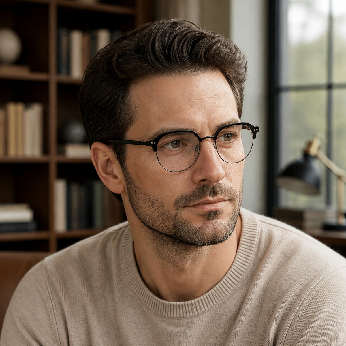 Adult model wearing Black Intellectual Vintage Semi-Rimmed Eyeglasses, lifestyle view 1