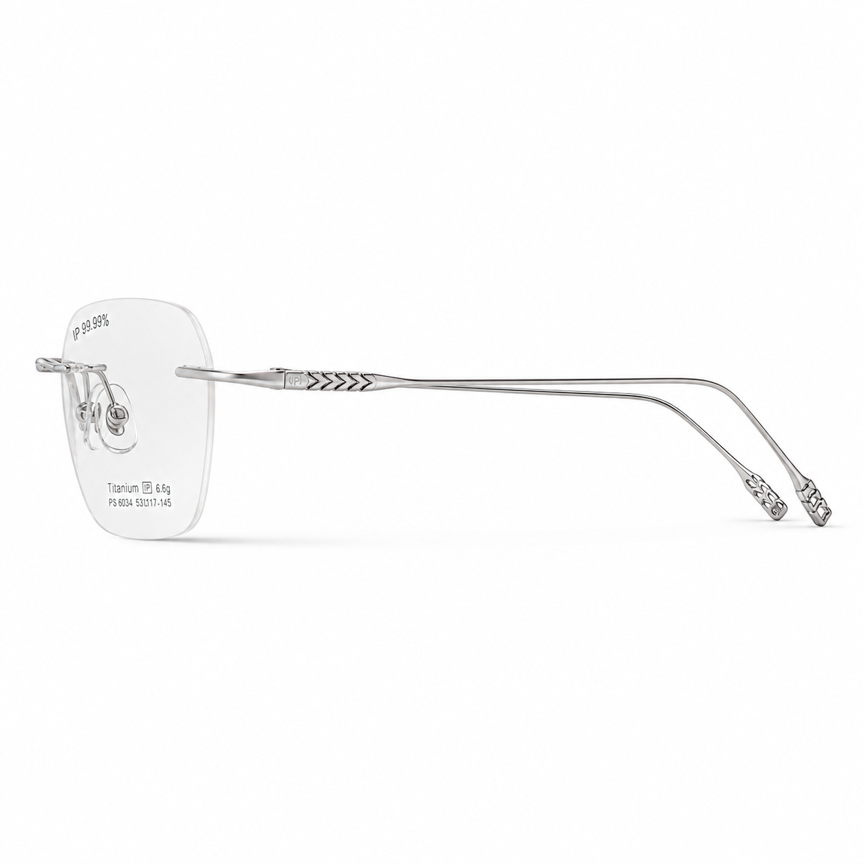 Silver Unisex Pure Titanium Rimless Soft-Square Glasses, side temple product view