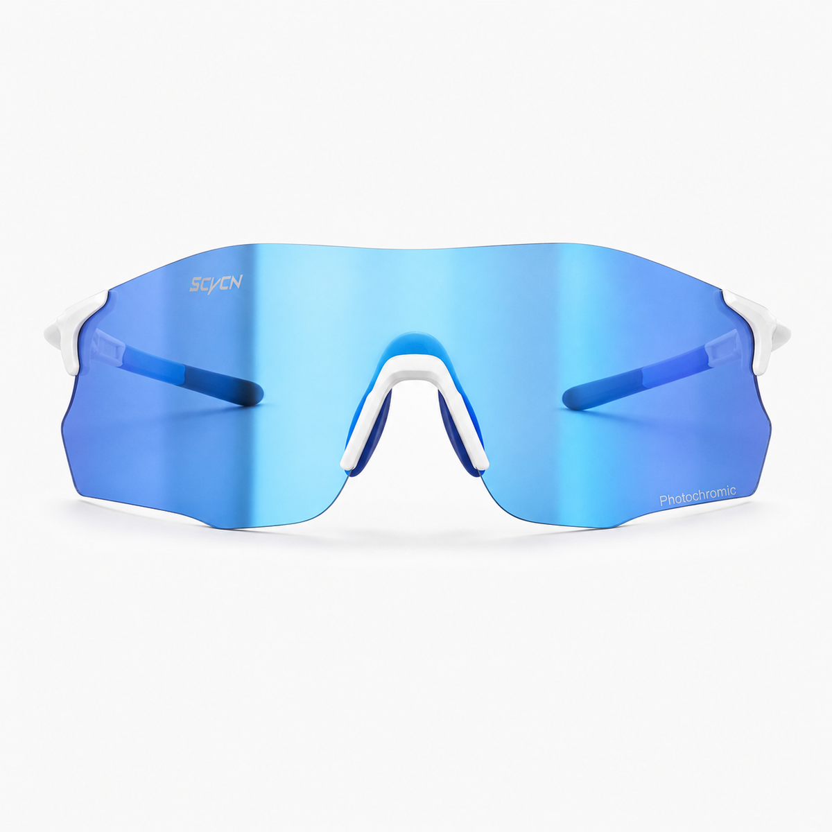 Glossy White Frame/Photochromic Blue Lens Unisex TR90 Rimless Shield Photochromic Sports Sunglasses, clean front product view