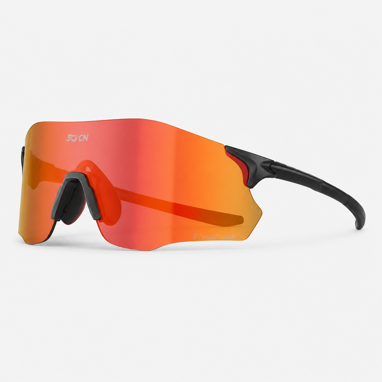 Matte Black Frame/Photochromic Red Lens Unisex TR90 Rimless Shield Photochromic Sports Sunglasses, 45-degree product view