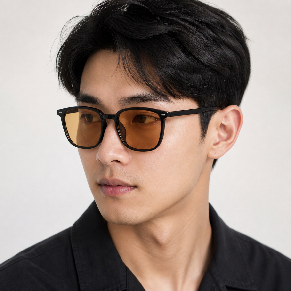 Men’s Amber Brown sunglasses worn by an adult East Asian man