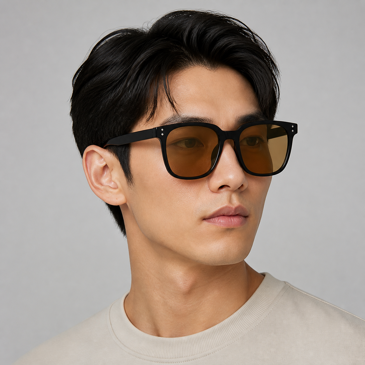 Men’s Amber Brown sunglasses worn by an adult East Asian man