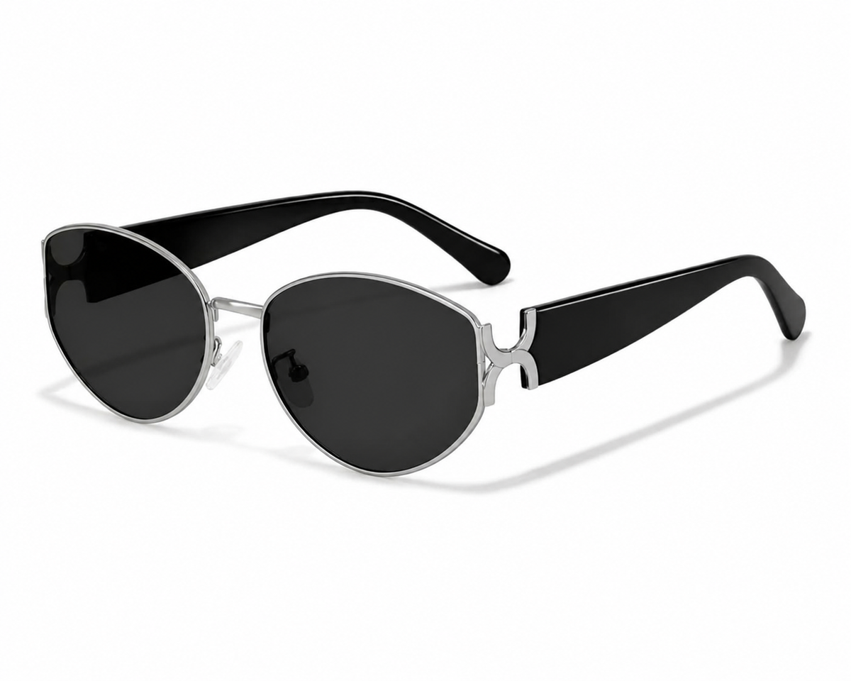 Black women's metal tea cat-eye UV400 sunglasses, 45-degree product view