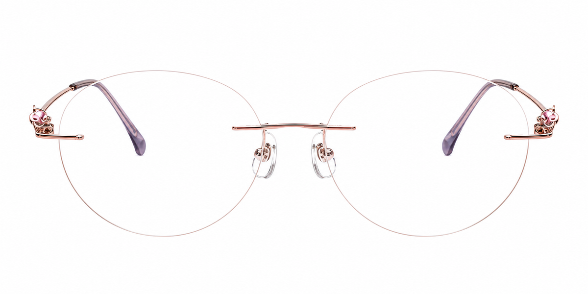 Rose Gold Women's Titanium Rimless Rounded Cat-Eye Glasses, clean front product view