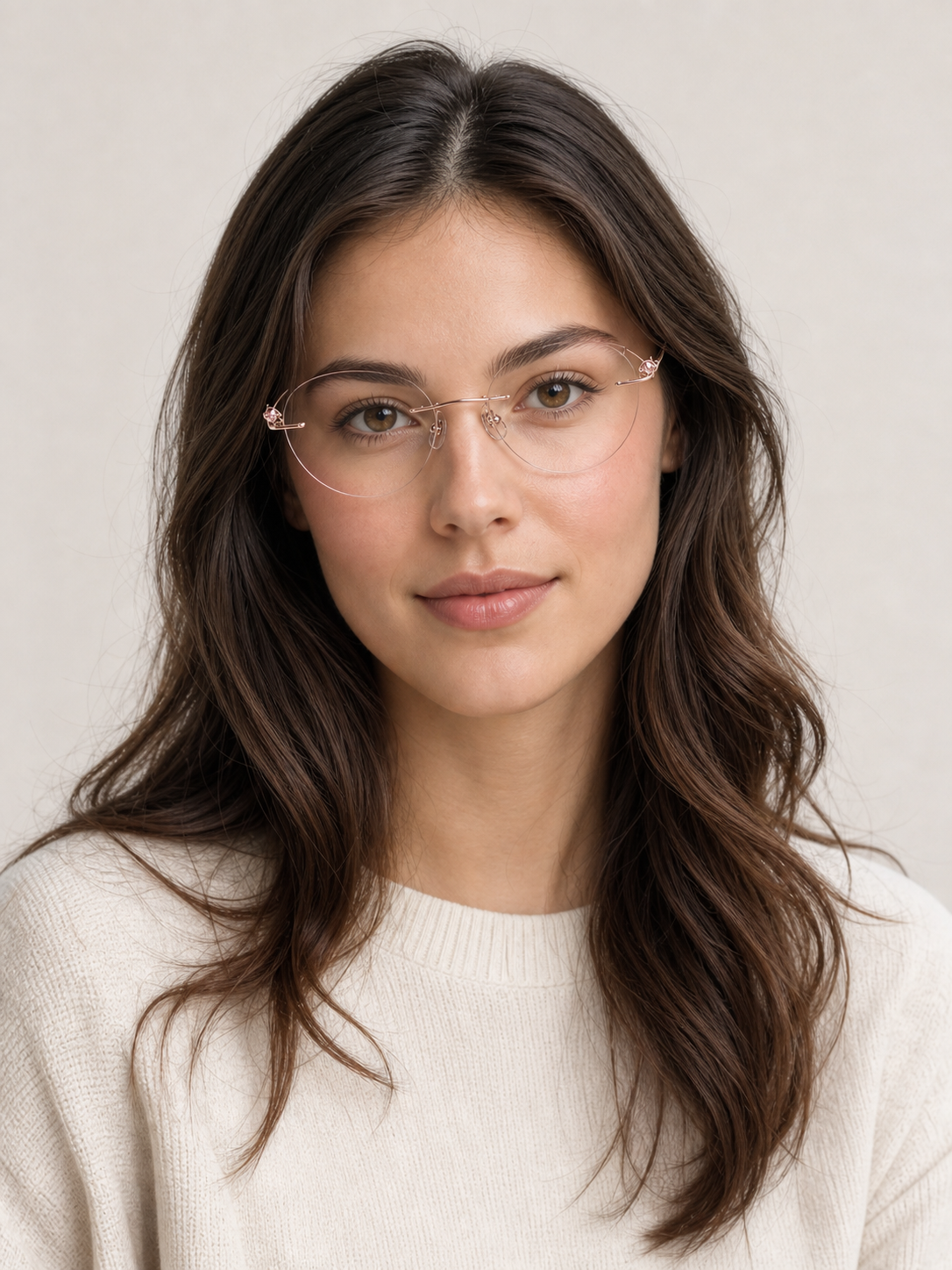 Rose Gold Women's Titanium Rimless Rounded Cat-Eye Glasses, worn by an adult model, front fit