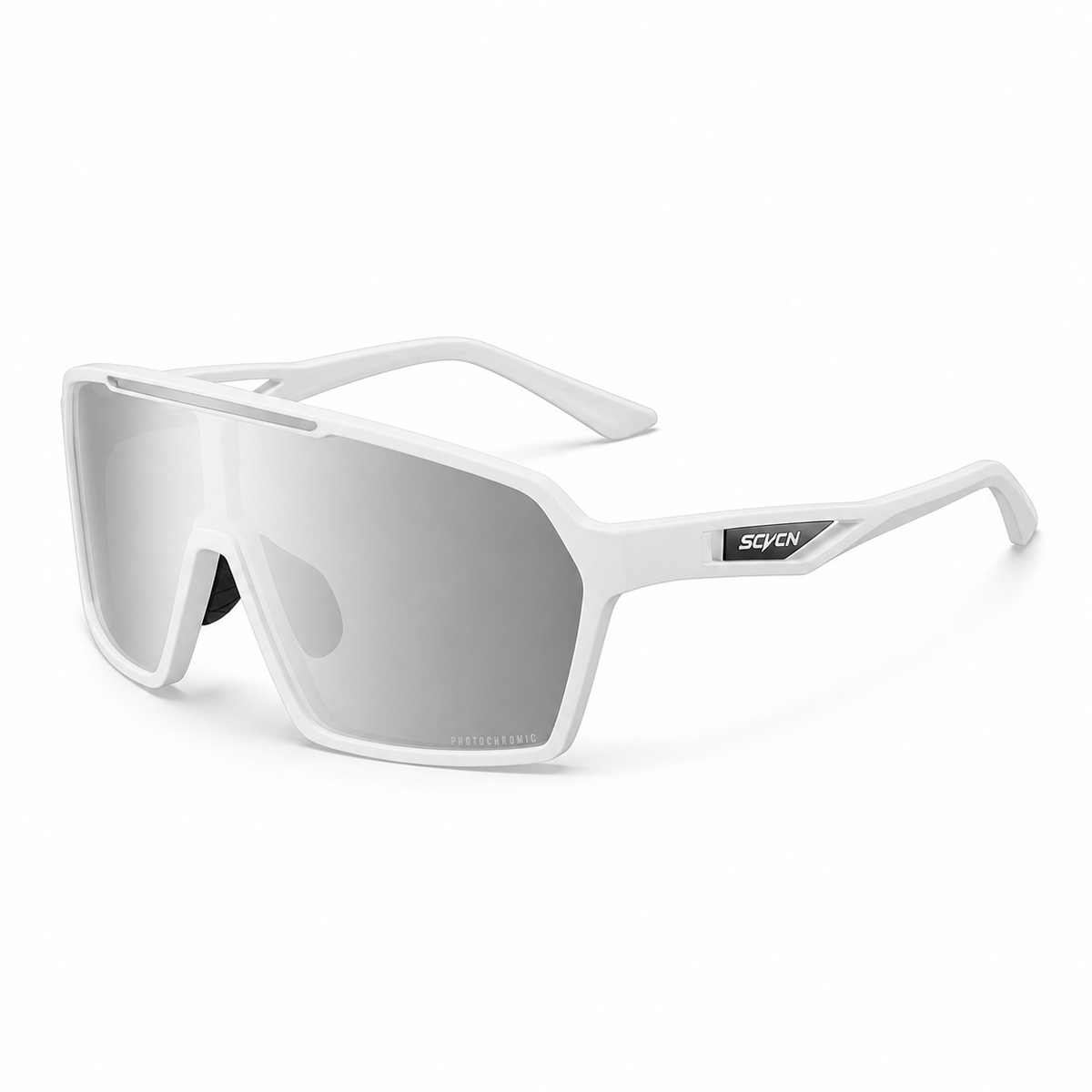 Matte White Frame/Photochromic Grey Lens Unisex TR90 Photochromic Rectangle Cycling Glasses, 45-degree product view