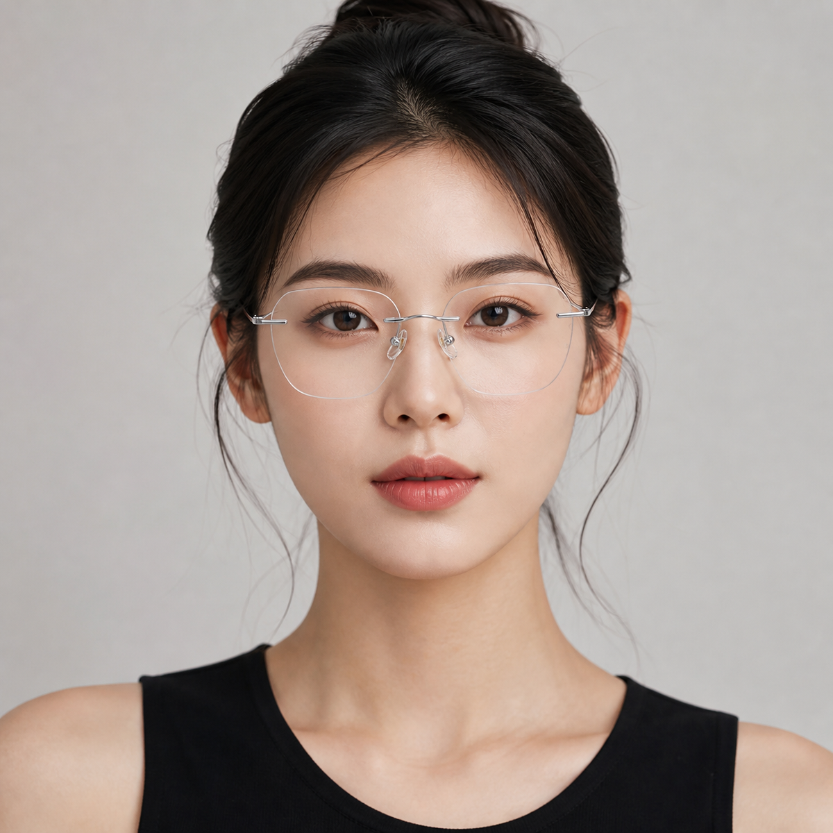Silver Unisex Geometric Pure Titanium Rimless Glasses, worn by an adult East Asian woman