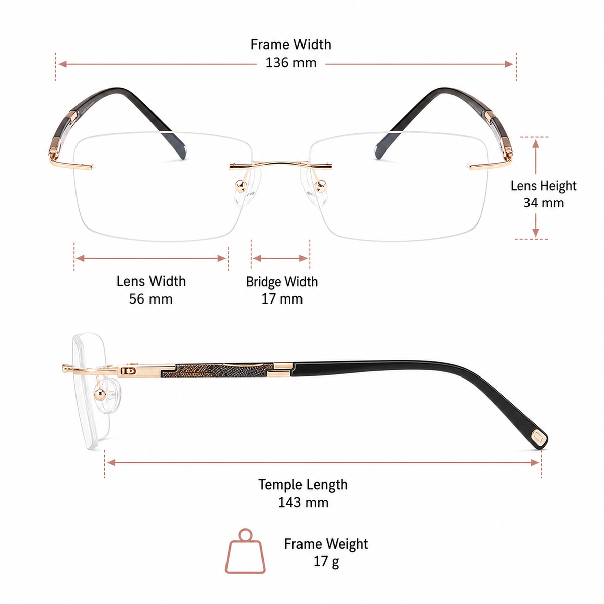 Gold Modern Business Casual Rimless Eyeglasses measurement size guide