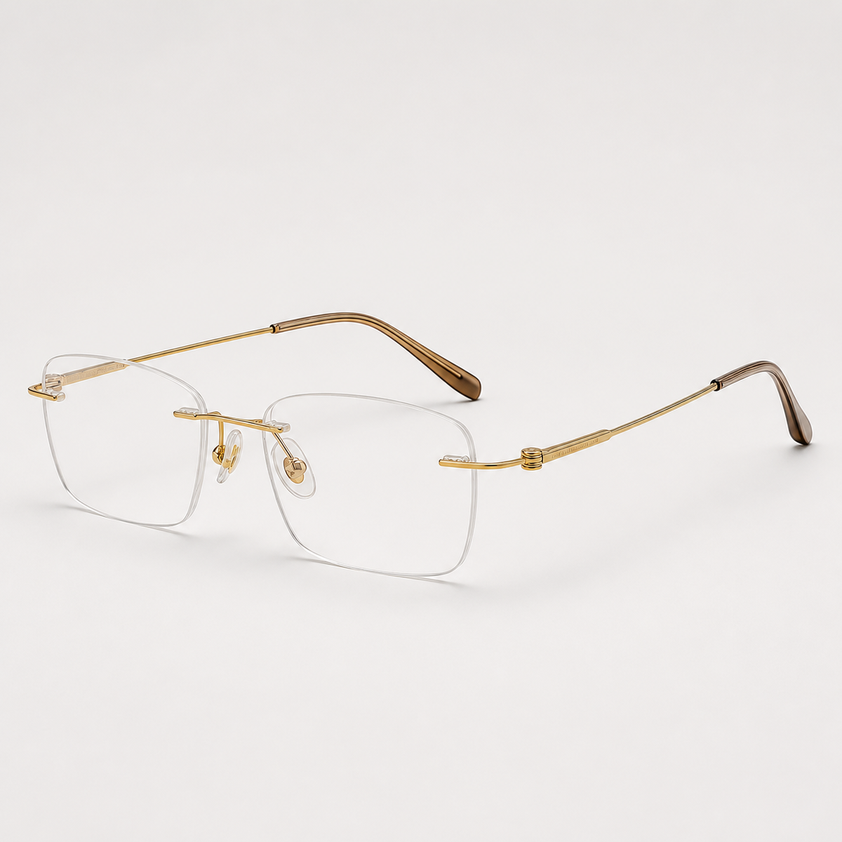 Gold unisex pure titanium rimless rectangular glasses, 45-degree product view