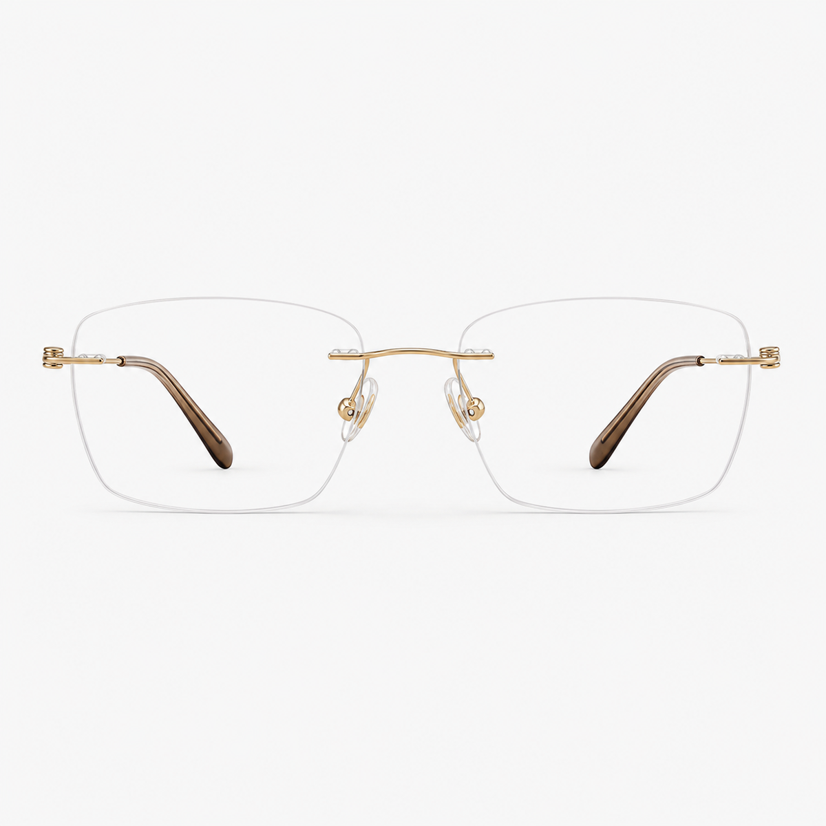 Gold unisex pure titanium rimless rectangular glasses, front product view