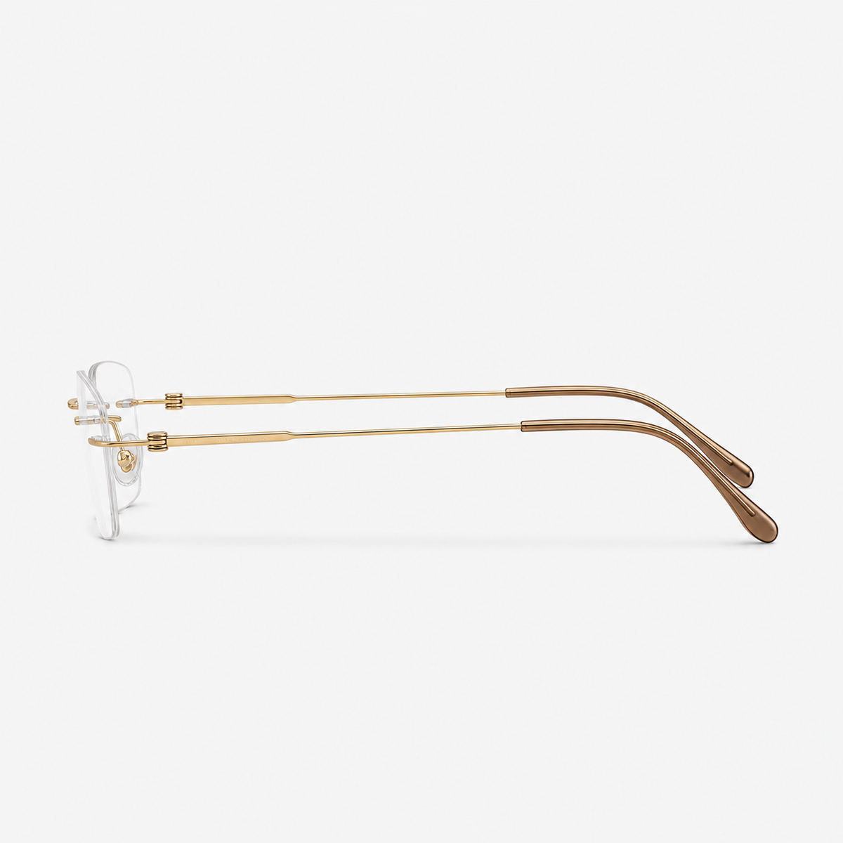 Gold unisex pure titanium rimless rectangular glasses, side product view