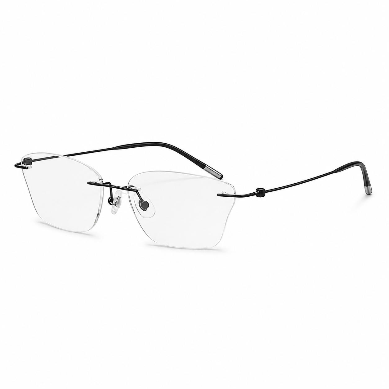 Black Women's Rectangular Pure Titanium Rimless Glasses, 45-degree view