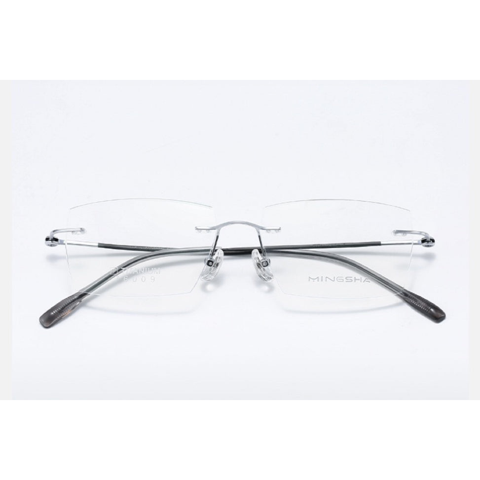 Silver Men's Semi-Titanium Rimless Geometric Glasses, clean front product view