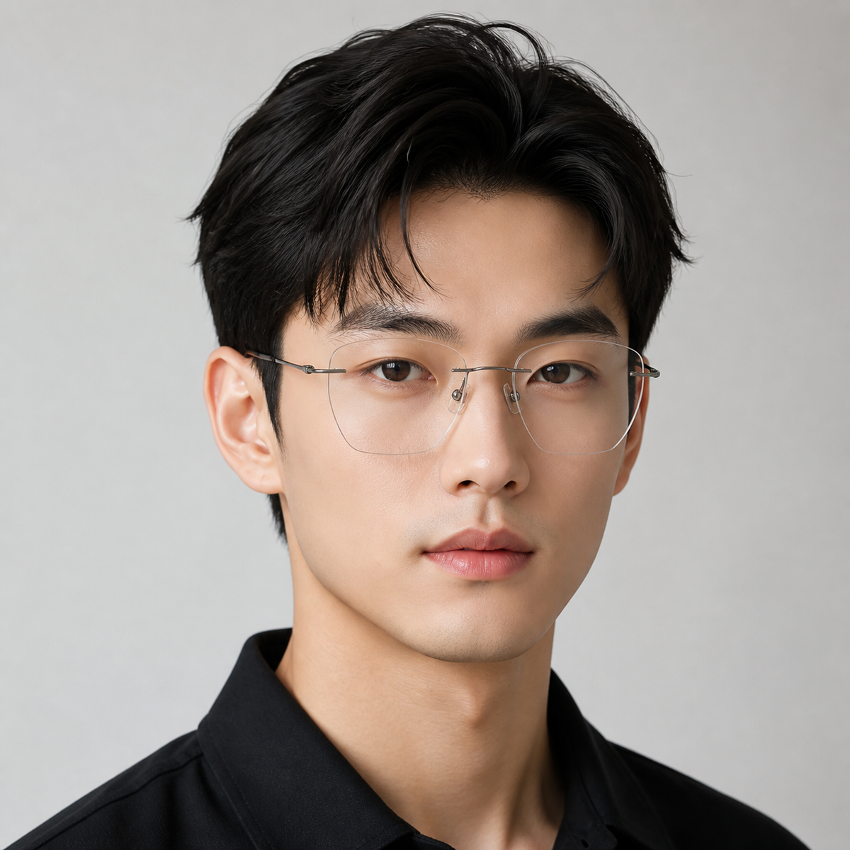 Gunmetal Unisex Pure Titanium Rimless Geometric Glasses, worn by an adult model, front fit