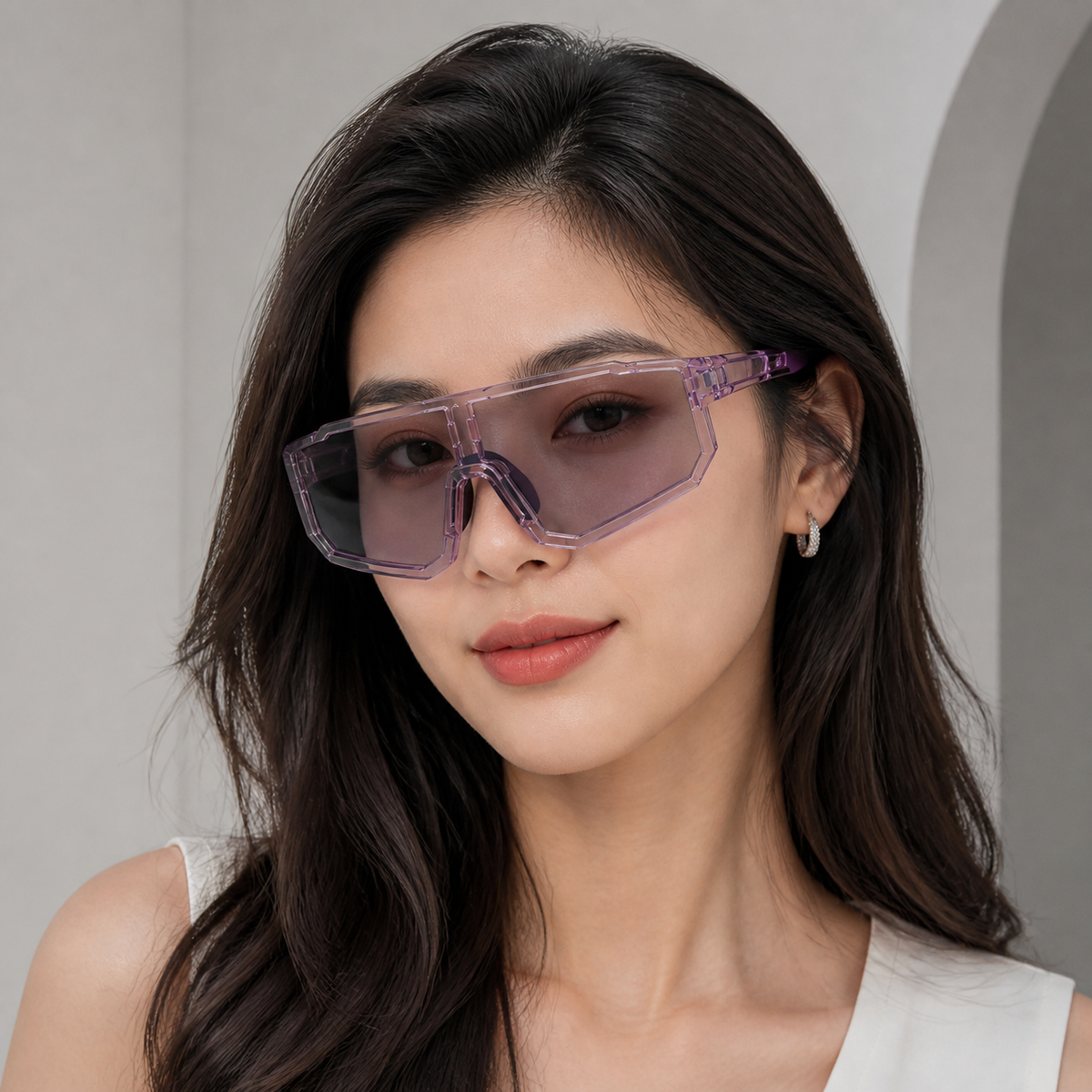 Crystal Purple Frame/Photochromic Grey Lens eyewear, worn by an adult model, front fit