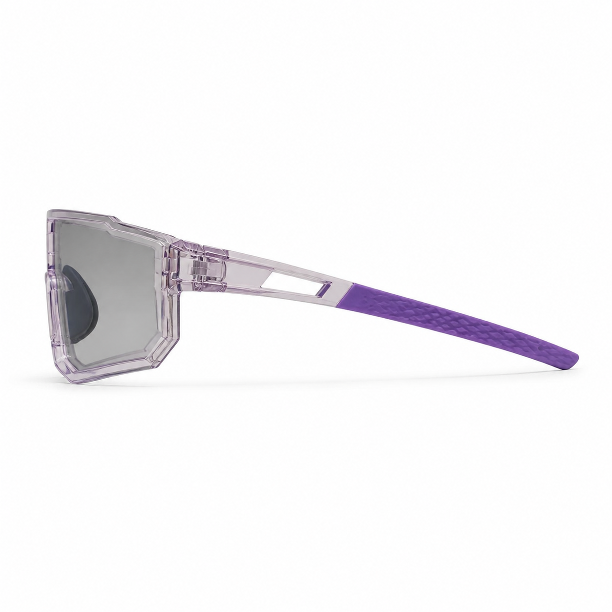 Crystal Purple Frame/Photochromic Grey Lens Unisex PC Photochromic Sport Cycling Sunglasses, side temple product view