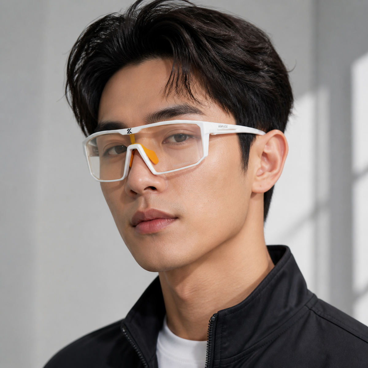Unisex TR90 Photochromic Shield Cycling Glasses, worn by an adult model, front fit