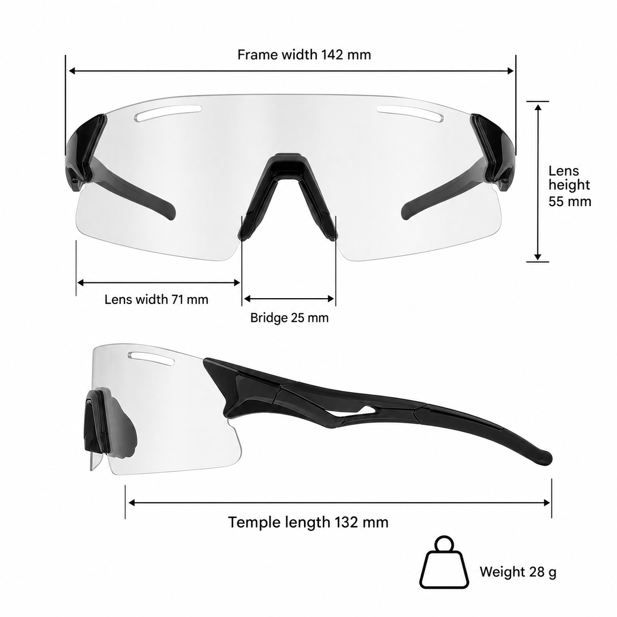Black Frame/Photochromic Grey Lens Performance Lightweight Photochromic Sports Sunglasses measurement size guide