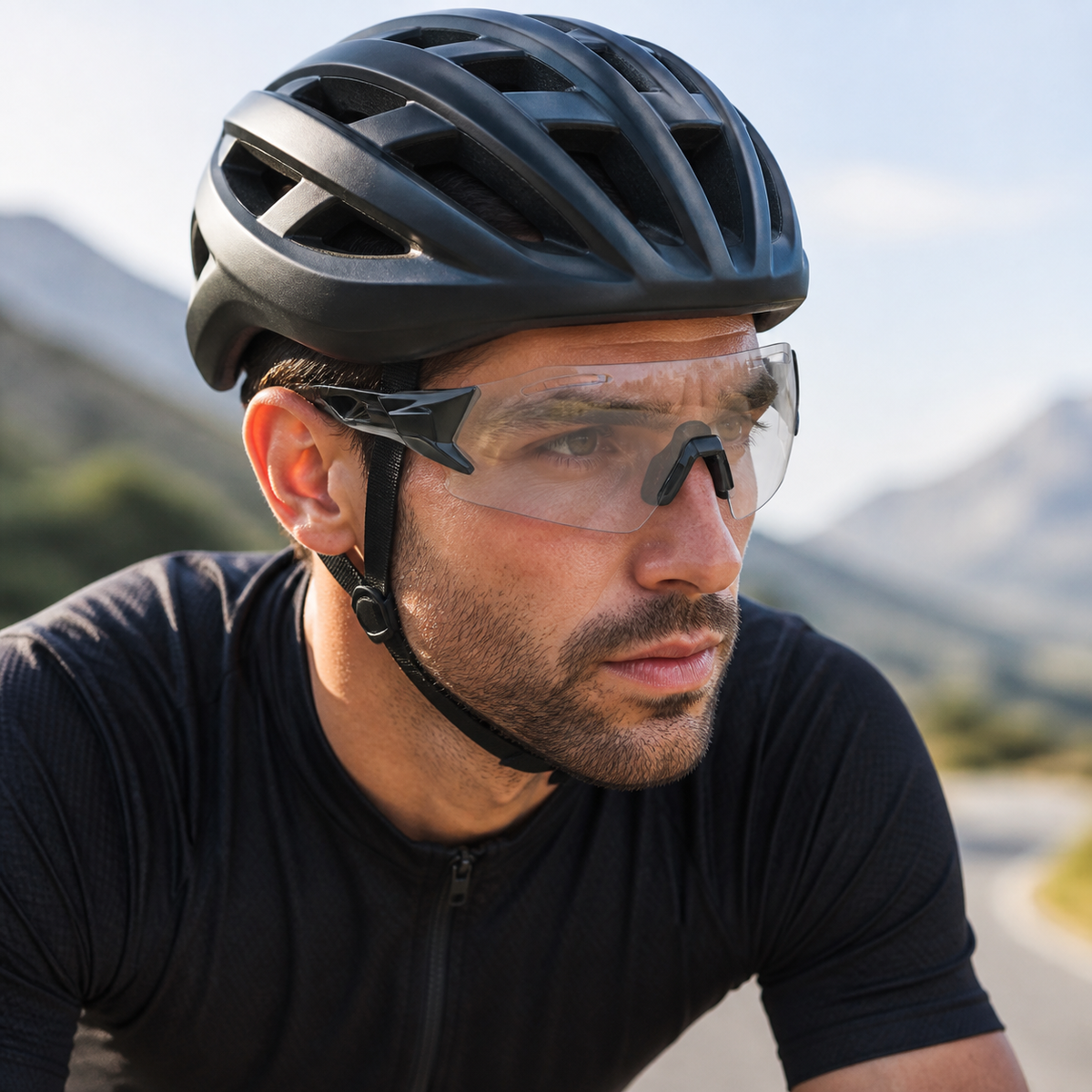 Adult model wearing Black/Grey Photochromic Sports Sunglasses, lifestyle view 1