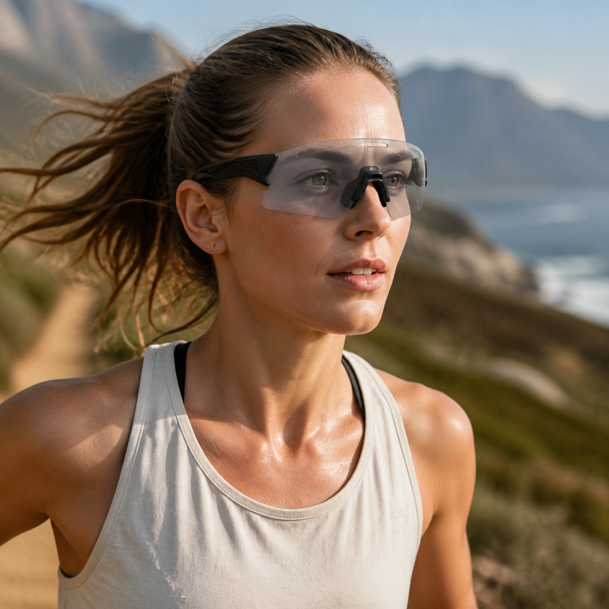 Adult model wearing Black/Grey Photochromic Sports Sunglasses, lifestyle view 2