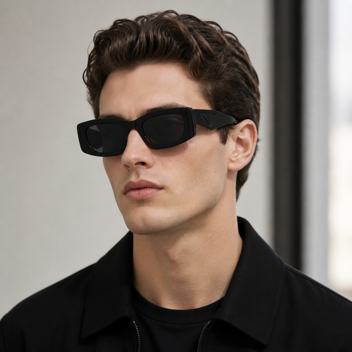 Black Prada Unisex Black Acetate Rectangle Sunglasses, worn by an adult model, alternate fit
