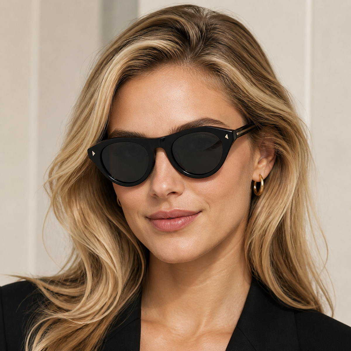 Black Prada Women's Acetate Cat-Eye Sunglasses, worn by an adult model, alternate fit