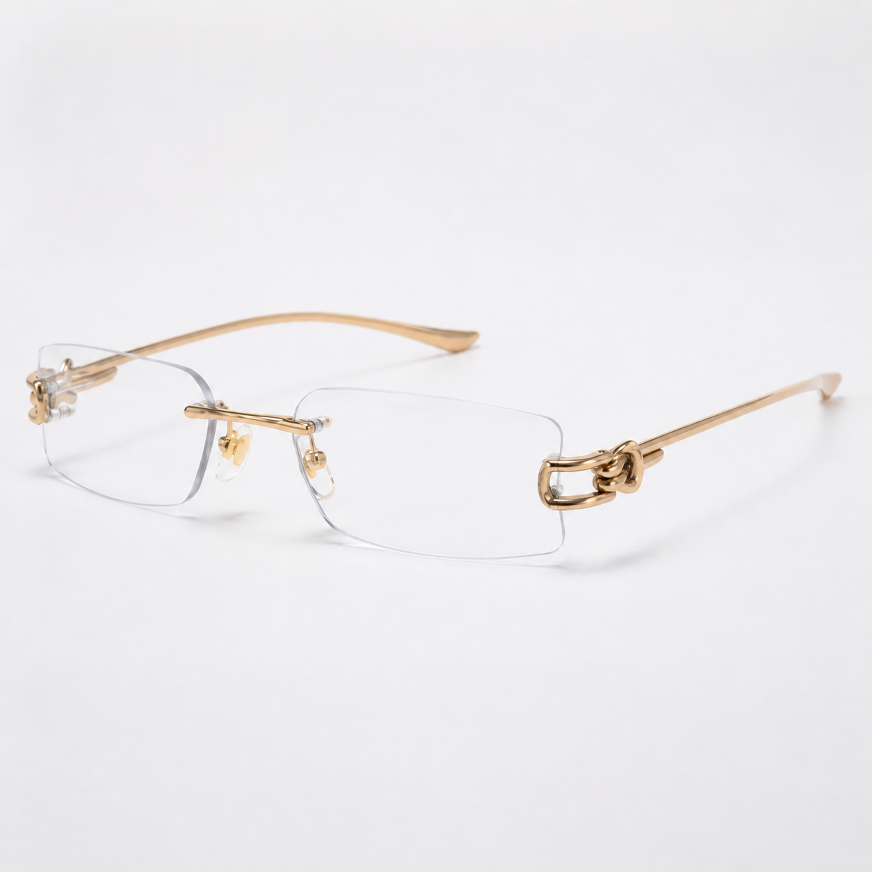 Gold unisex pure titanium rimless narrow rectangular glasses, 45-degree product view
