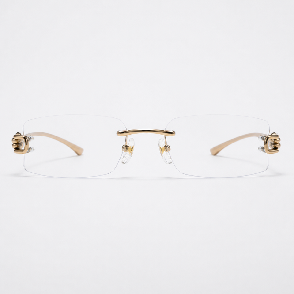 Gold unisex pure titanium rimless narrow rectangular glasses, front product view