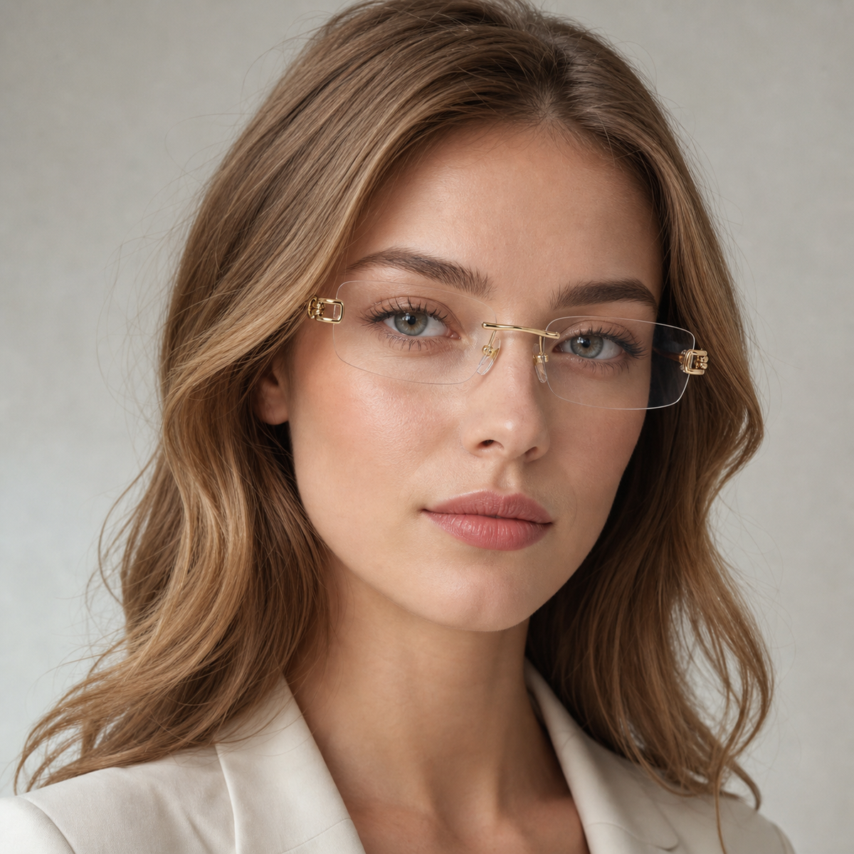 Gold unisex pure titanium rimless narrow rectangular glasses, adult model wearing view 1