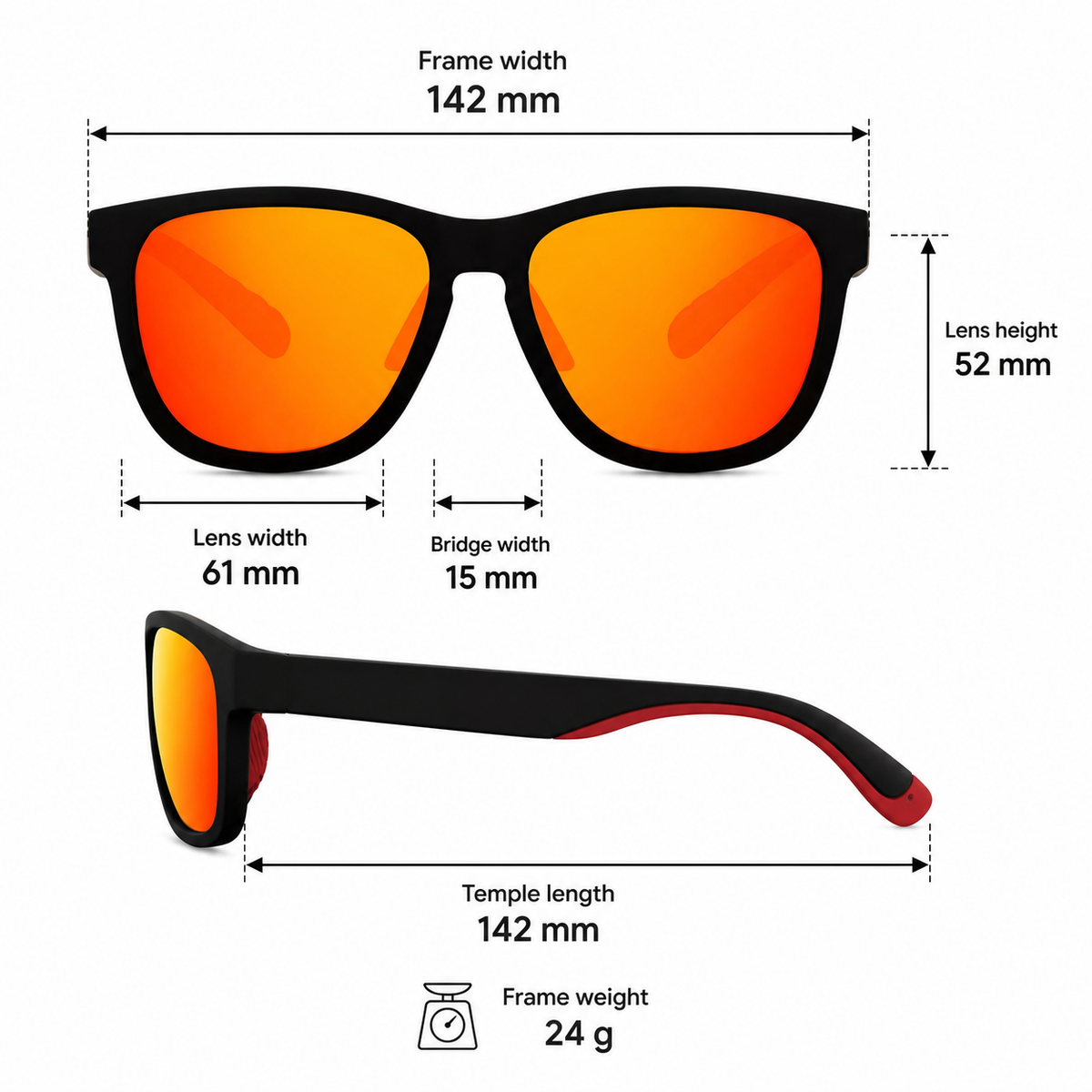 Black Pro Men’s Square Polarized UV400 Running Cycling Sports Sunglasses measurement size guide