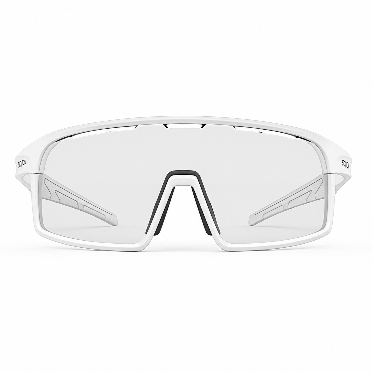 Glossy White Frame/Photochromic Grey Lens Unisex PC Photochromic Rectangle Cycling Sunglasses, clean front product view