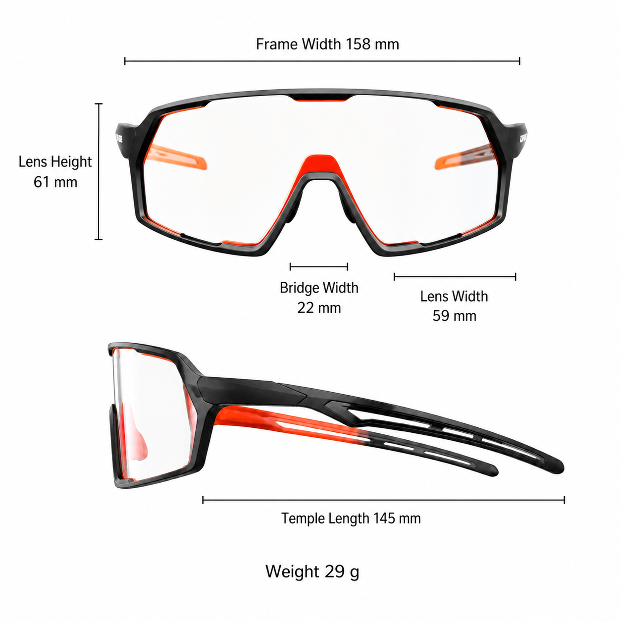 Black Frame/Photochromic Red Lens Protective Windproof Outdoor Sports Glasses measurement size guide