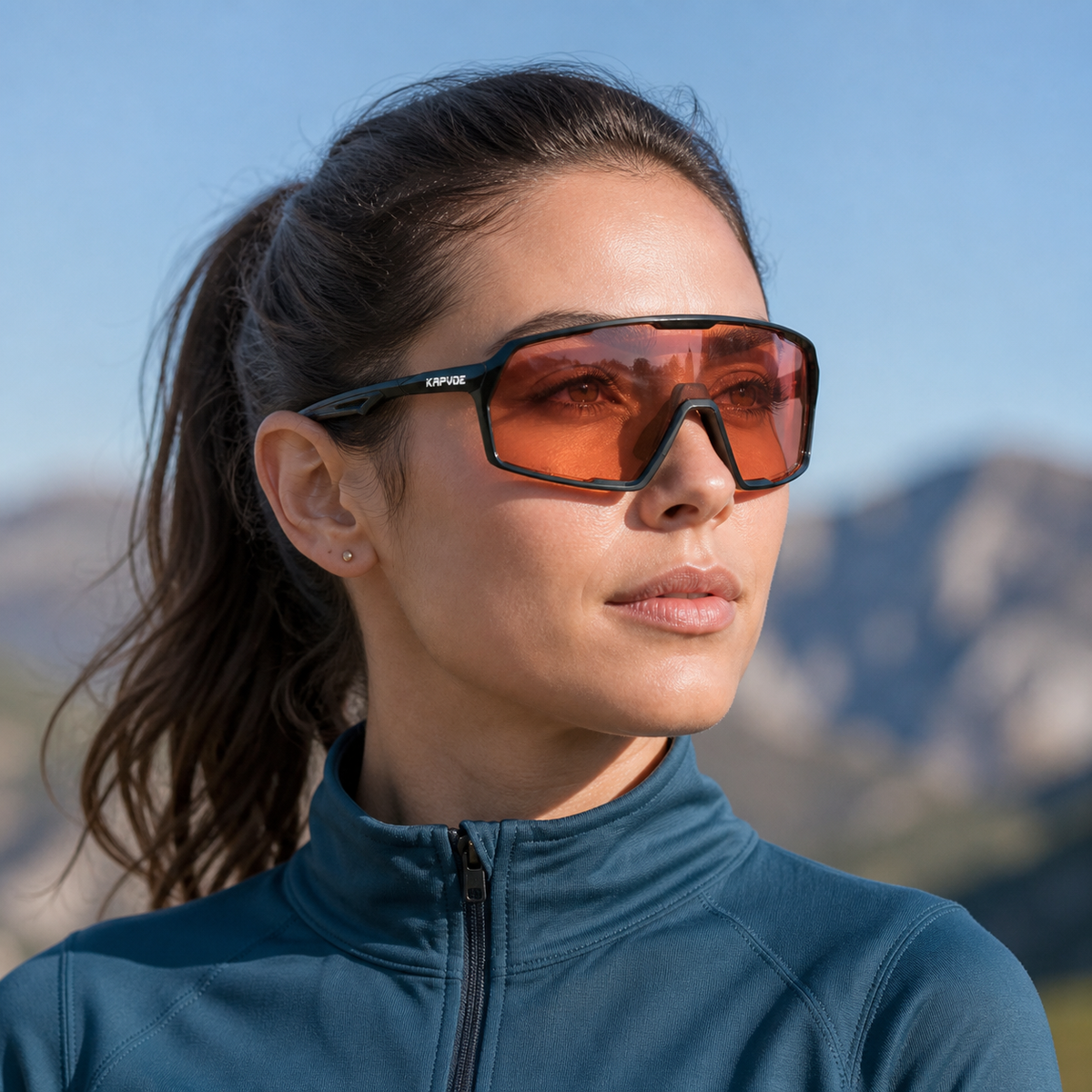 Adult model wearing Black Frame/Photochromic Red Lens Protective Windproof Outdoor Sports Glasses, lifestyle view 1