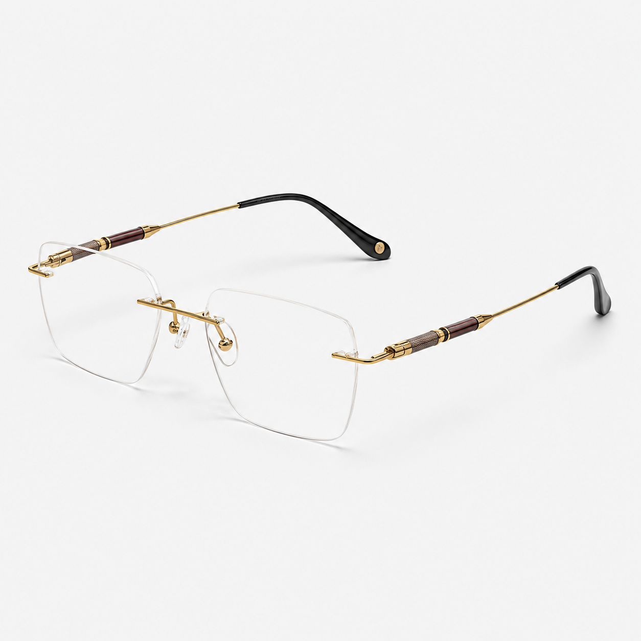 Gold men's pure titanium rimless squared rectangular glasses, 45-degree product view