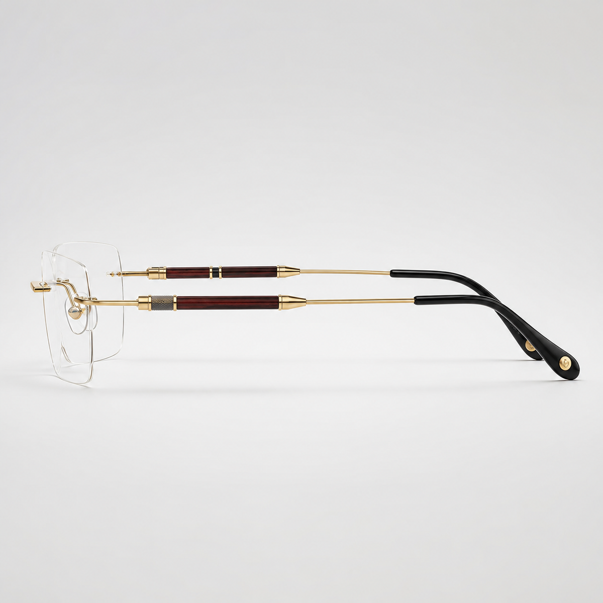Gold men's pure titanium rimless squared rectangular glasses, side product view