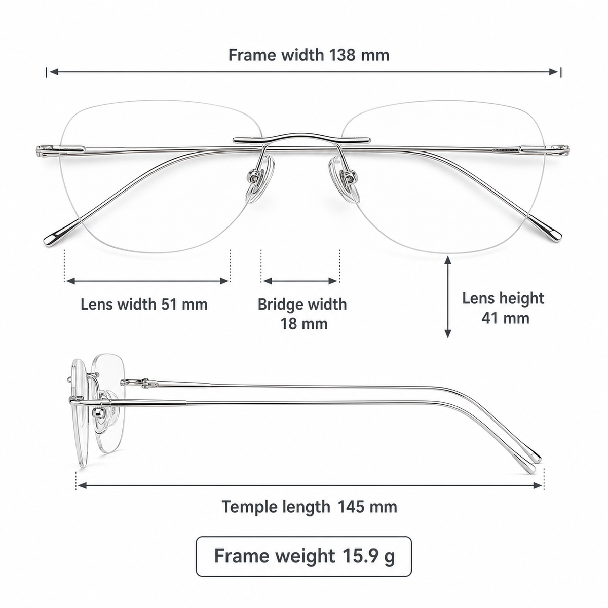 Silver Unisex Titanium Rimless Rectangular Glasses measurement size guide