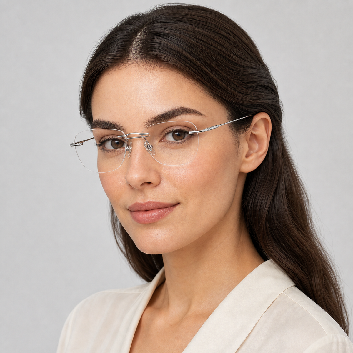 Adult model wearing Silver Unisex Titanium Rimless Rectangular Glasses, lifestyle view 1