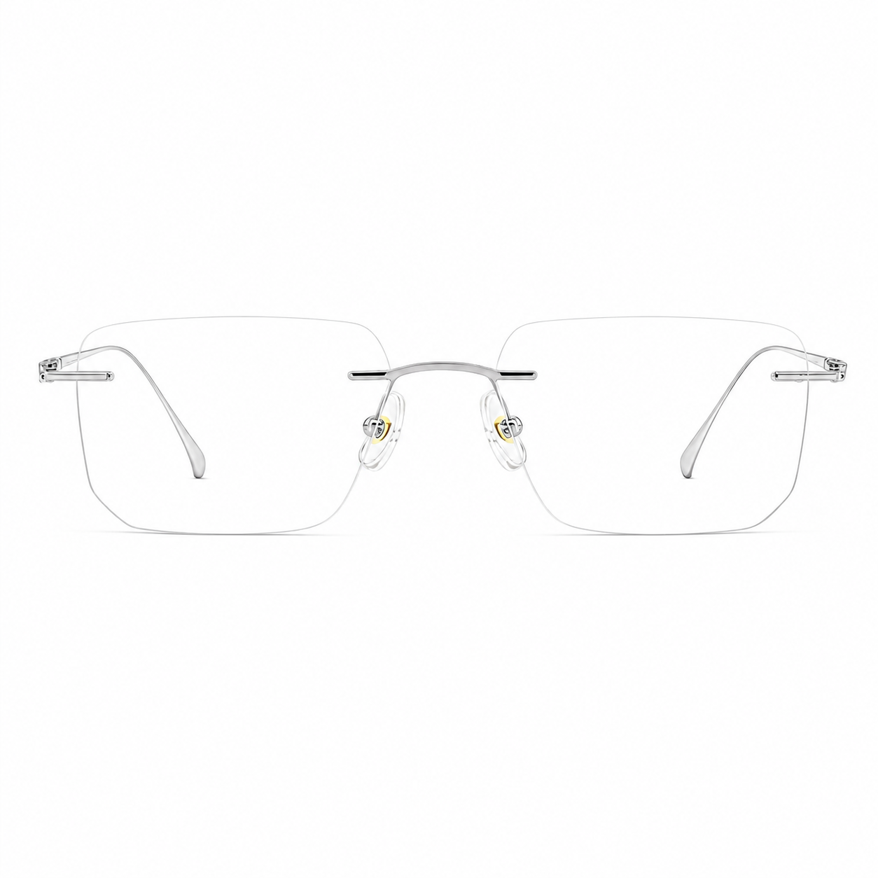 Silver Men's Rectangular Titanium-Blend Rimless Glasses, clean front view