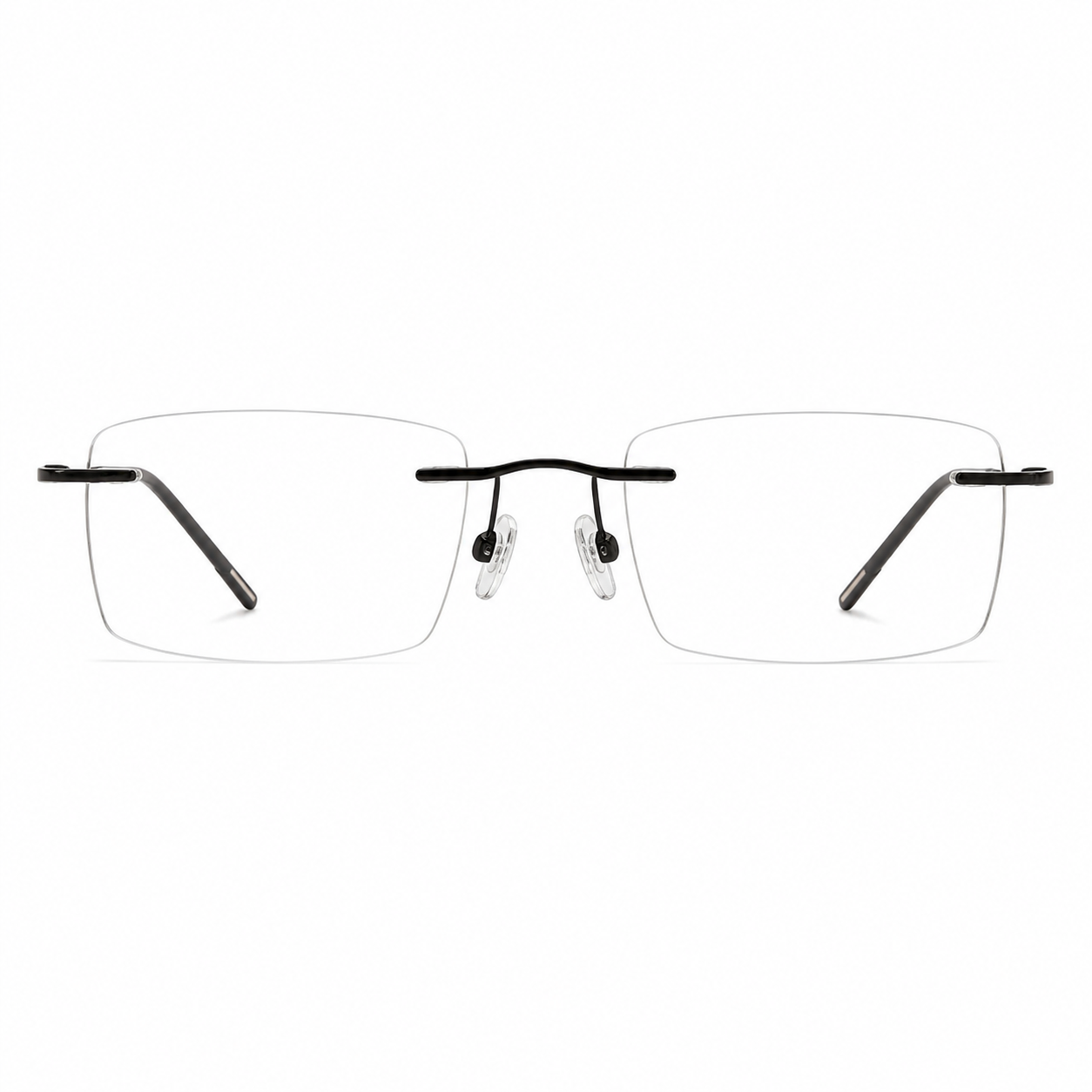 Black Unisex Slim Rectangular Titanium Rimless Glasses, clean front view